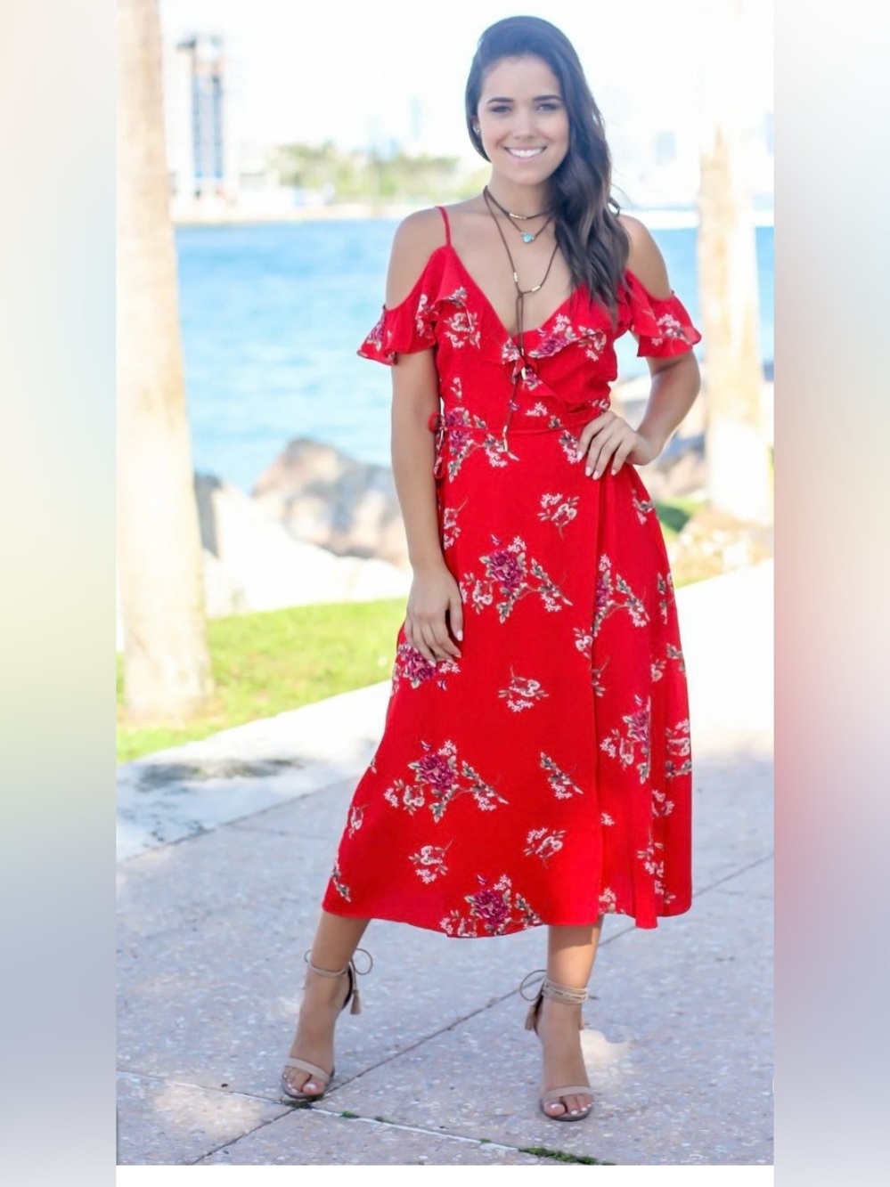 Blue Blush Red Floral Wrap Dress Midi Cold Shoulder Boho Chic Size Small